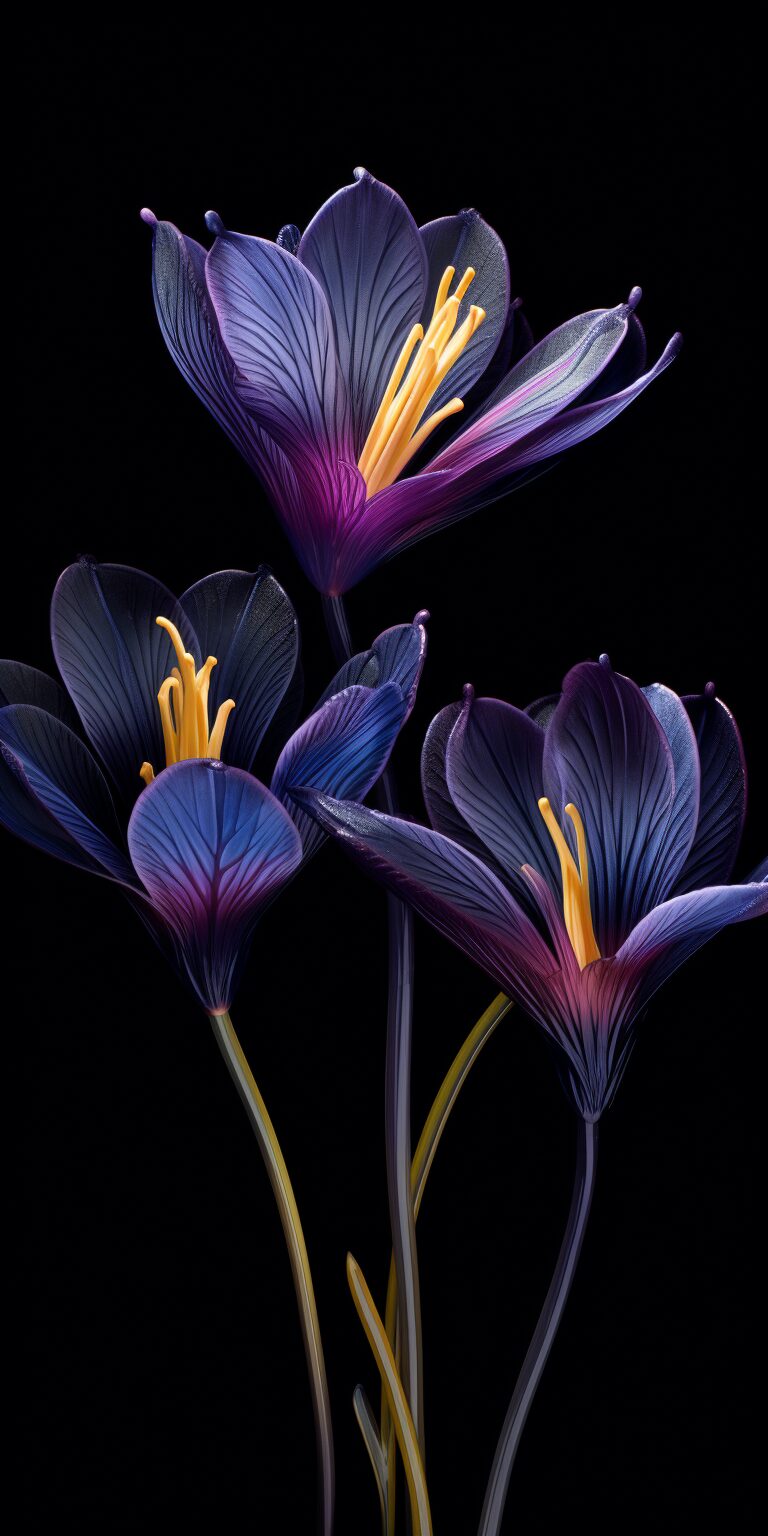 0001_saffron_crocus_designs_on_a_black_04 Digital Art Gallery of Blue Crocus Flowers - FLORAL AI ART