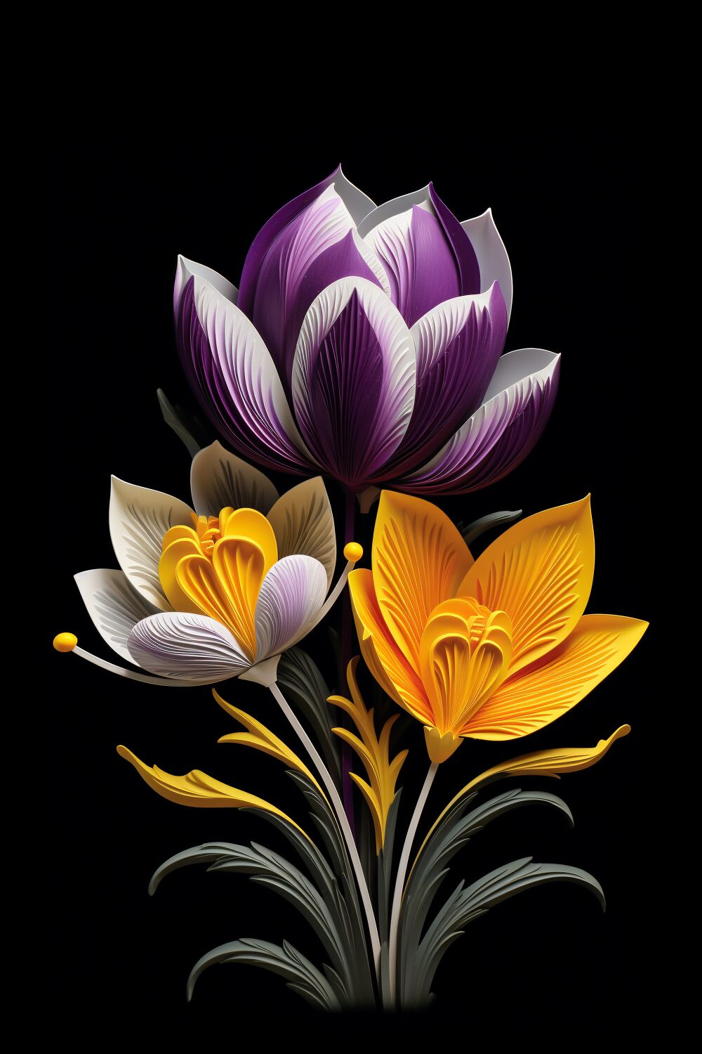 0228_saffron_crocus_designs_yellow_purple_white Digital Art Gallery of Blue Crocus Flowers - FLORAL AI ART