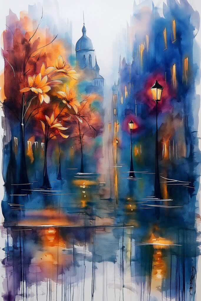 watercolor mood rain city melancholy