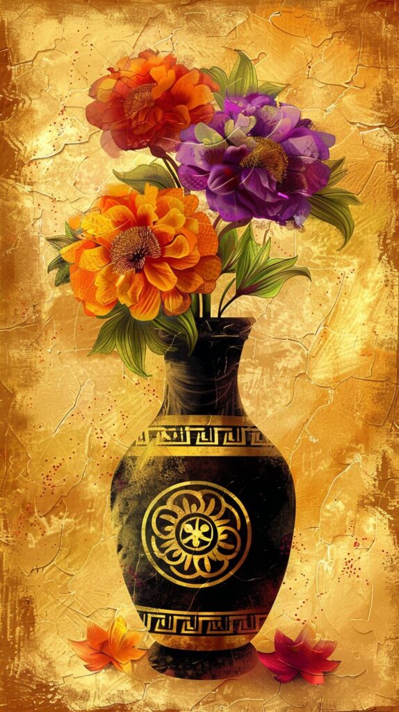 distressed image of peonies tall black vase ancient Minoan Mediterranean art