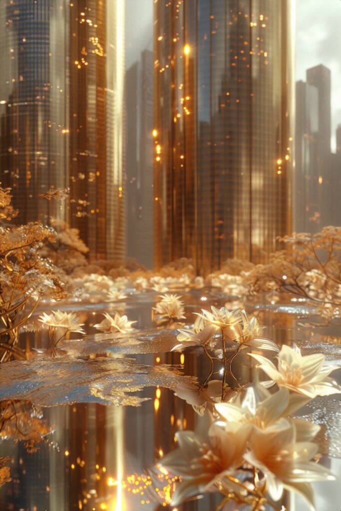 gold lotus pond urban golden skyscrapers