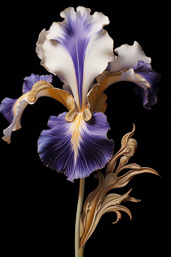 purple and white iris with gold leaves