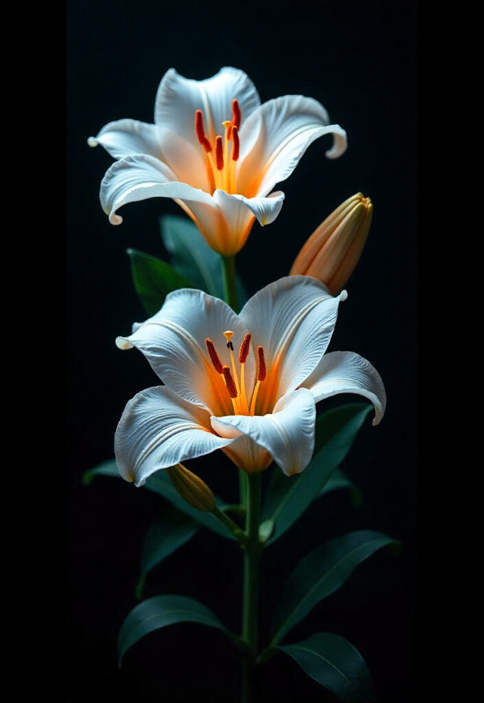 Elegant white lily flowers on black background