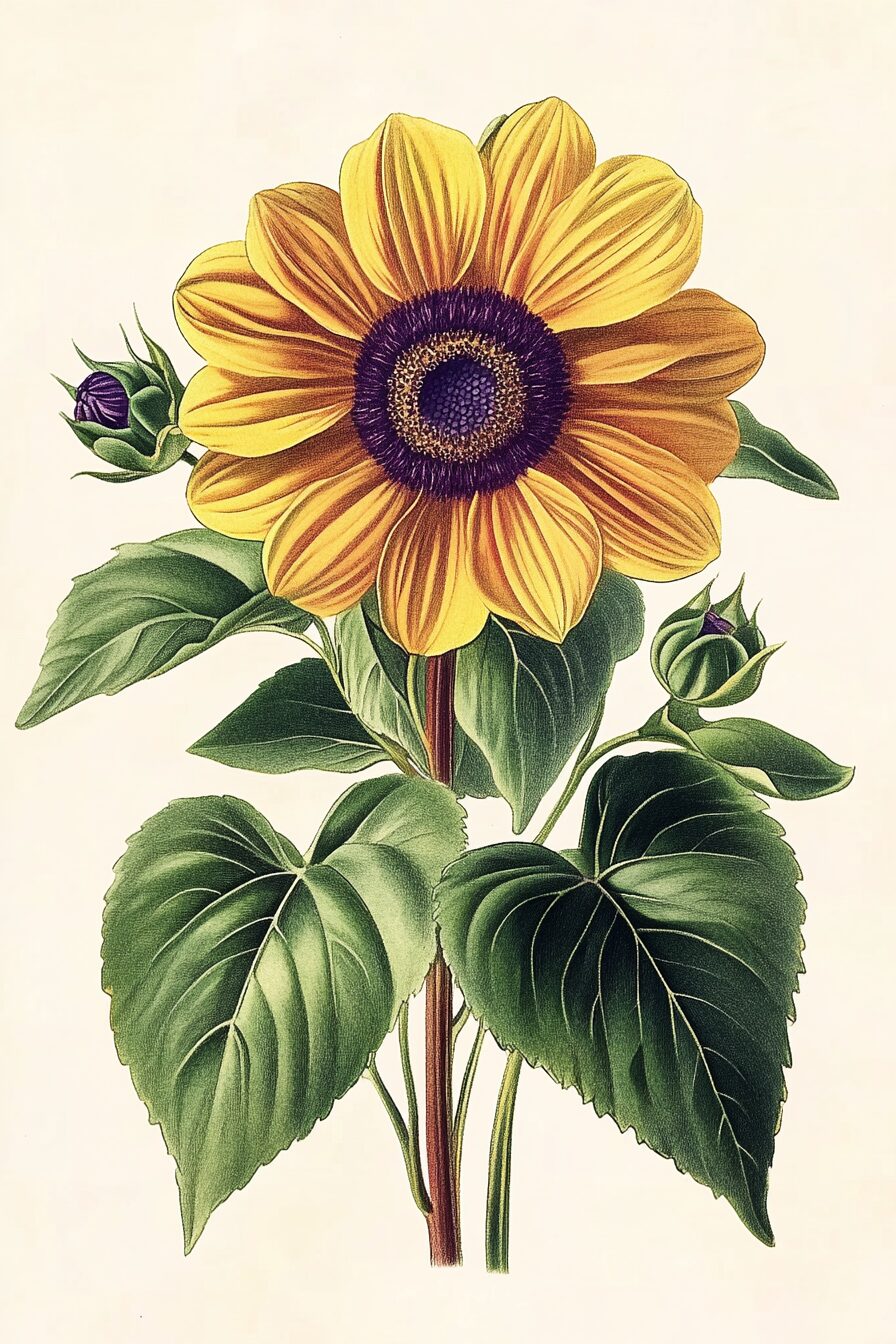  Vintage Sunflower Botanical Illustration – Classic Floral Print